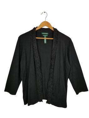 Lauren Ralph Lauren Women's Black Open Front Silk Blend 3/4 Sleeve Cardigan XL